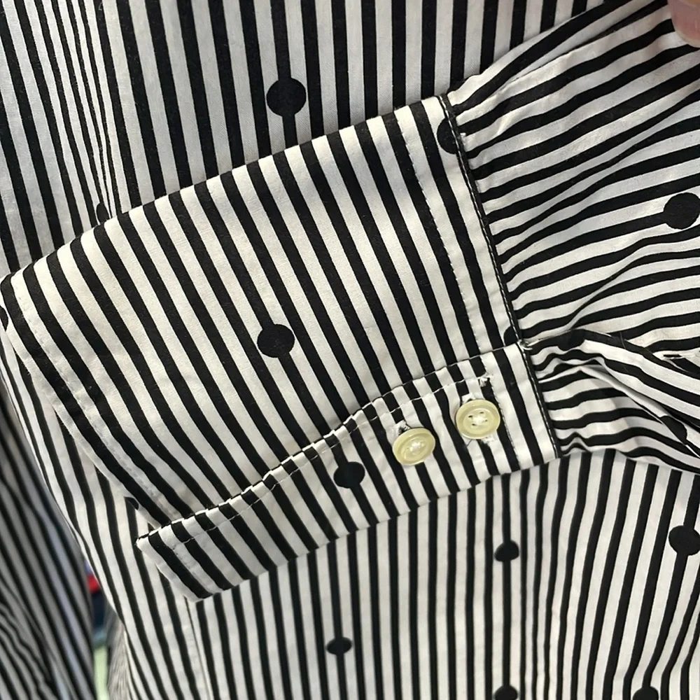 Talbots Black White Women’s Striped Polka Dot Side Zip Round Neck Cotton Blouse - Picture 4 of 8
